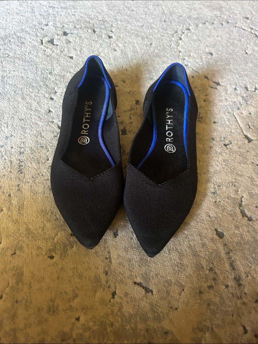 Rothy's Black Pointed Toe Flats with Blue Trim